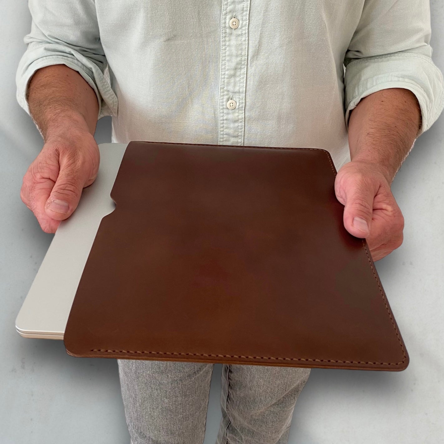 Leather tablet shops case, hand tooled leather sleeve for tablets in dark brown