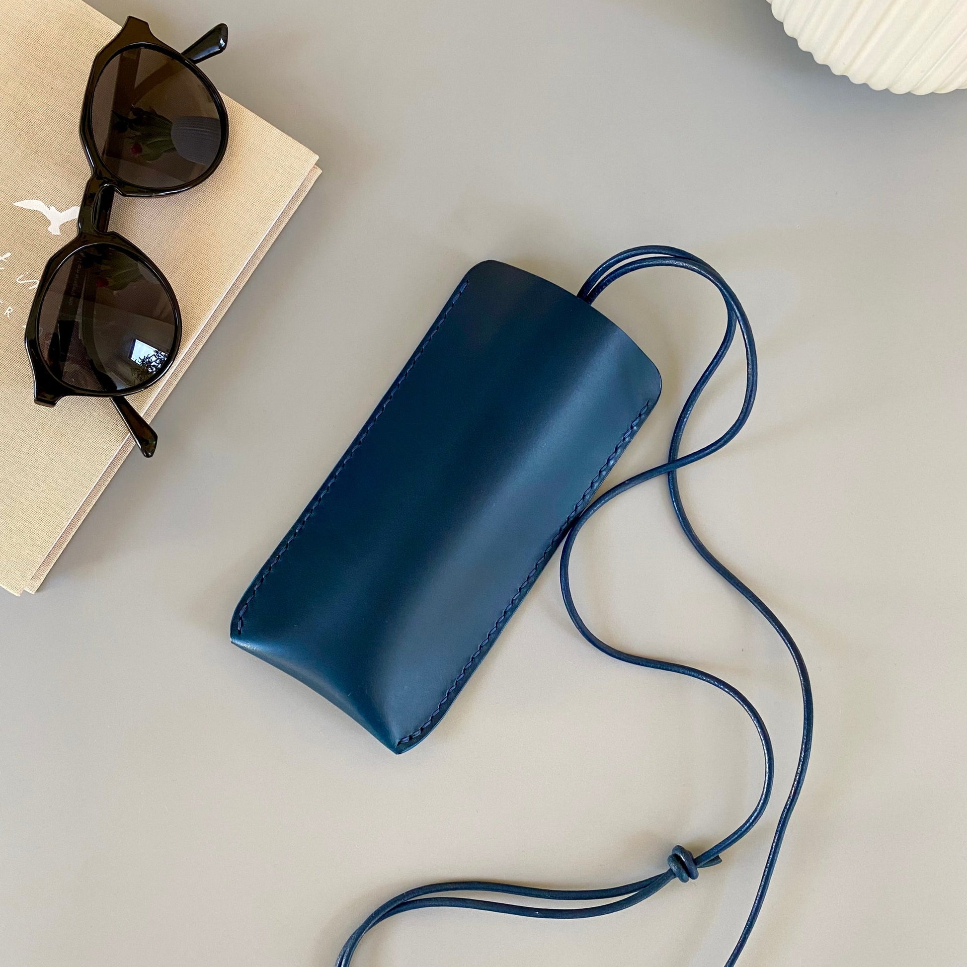 Blue glasses case from leather