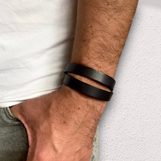 Double wrap leather bracelet for men in black
