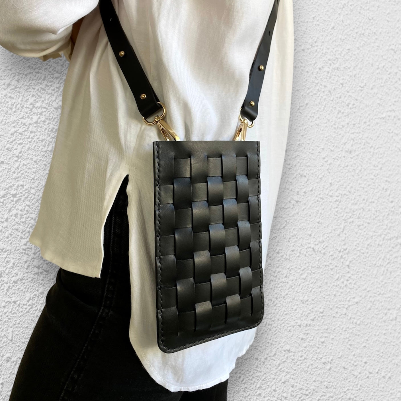  Black Woven Leather Crossbody Bag